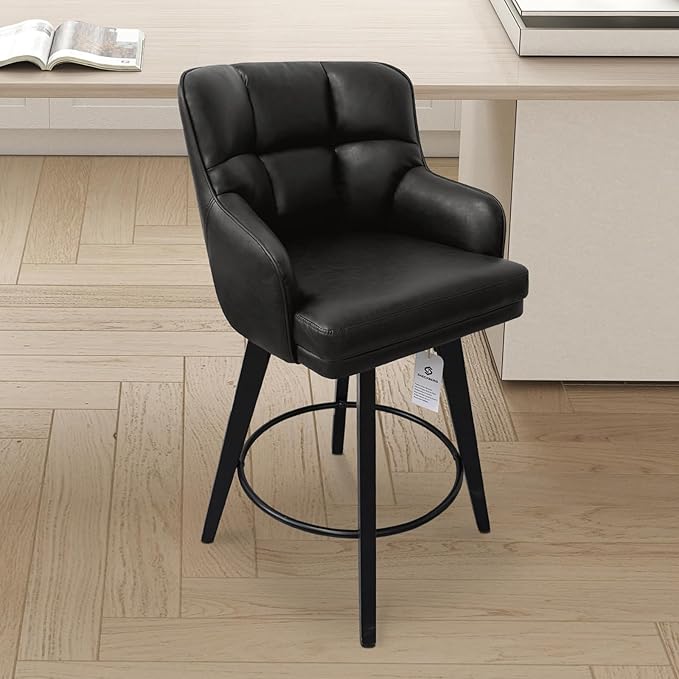 360°Swivel Counter Height Bar Stools with Back, 26 inch Solid Wood Legs, Bar Stool Modern Kitchen Island Chairs, Faux Leather (Black- Faux Leather, 26" H- Set of 4)