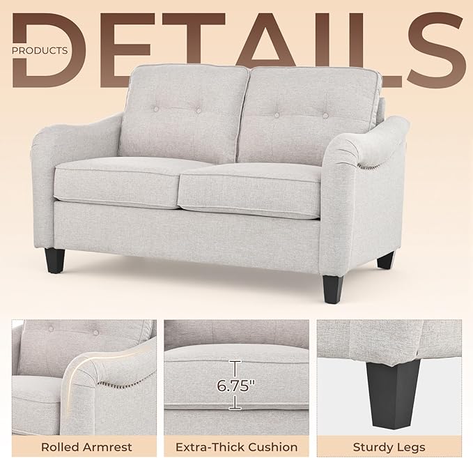 3 Piece 6-Seater Living Room Sofa Set, Modern Upholstered 3-Seater Sofa, Loveseat & Armchair, Handmade Nailhead Trim, Ergonomic Deep-Seat Couch for Living Room (Beige, Rolled Arm)