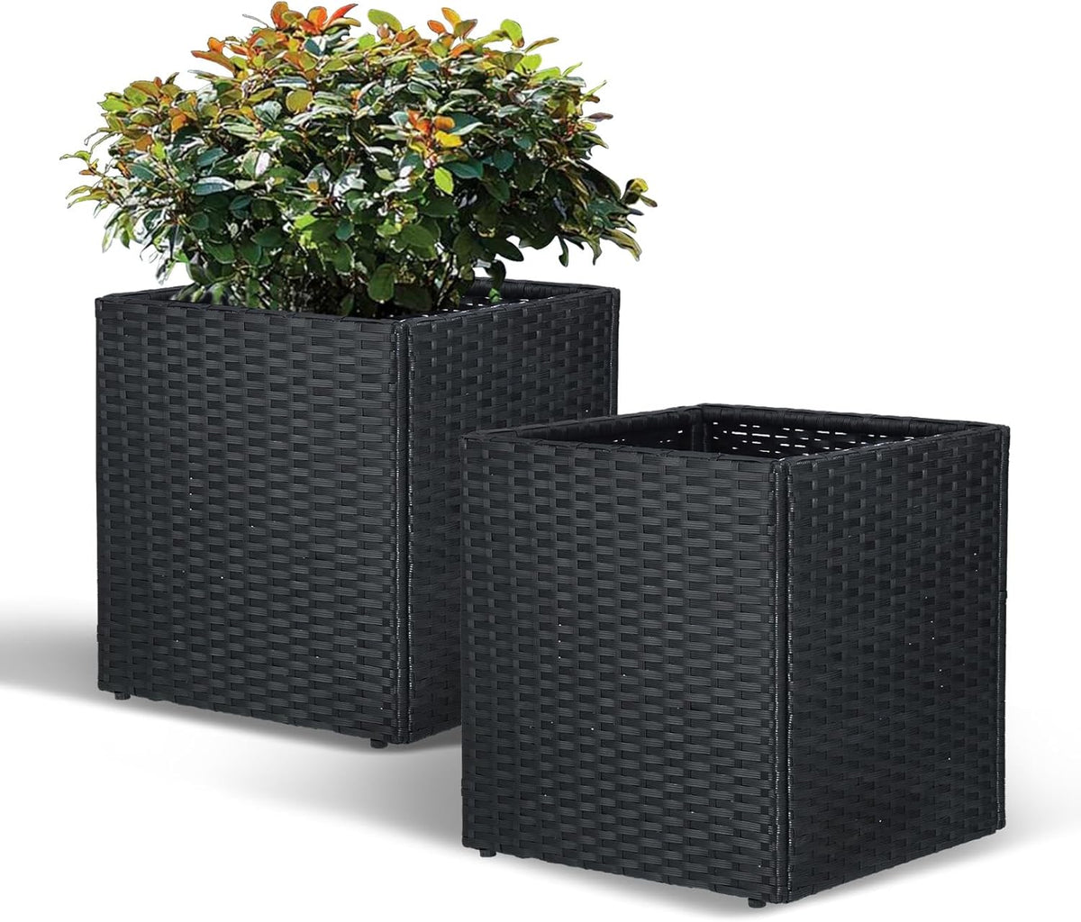 SUNNYPARK Set of 2 Large Square Planter with Removable Liner, All-Weather PE Rattan Modern Planters Indoor Outdoor Flower Plant Pots Garden Box Patio Yard Front Porch Deck