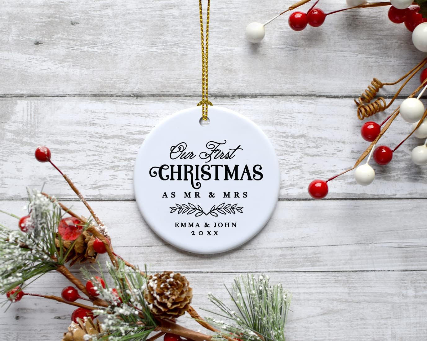 Andaz Press Personalized Our First Christmas As Mr. & Mrs. 2024 Christmas Ornaments Laurel Wreath Leaves 2.8" Round Porcelain Ceramic 1st Year Married Custom Ornament Keepsake for Newlyweds 1-Pack