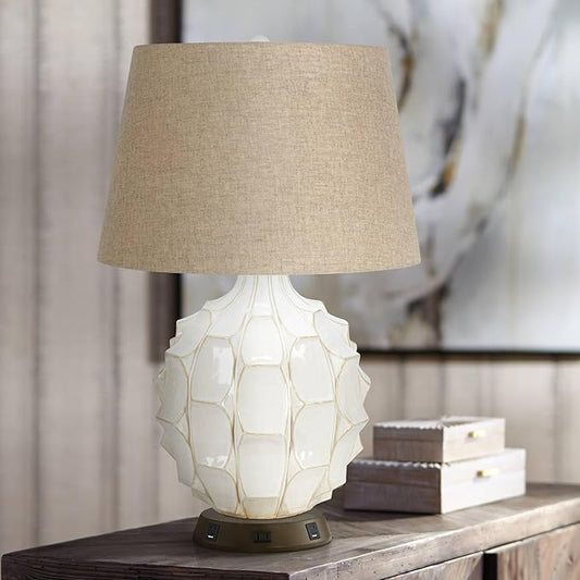 Possini Euro Design Cosgrove Mid Century Modern Table Lamp with USB and AC Power Outlet Workstation Charging Base 26.5" High Textured White Ceramic Light Brown Linen Drum Shade for Living Room