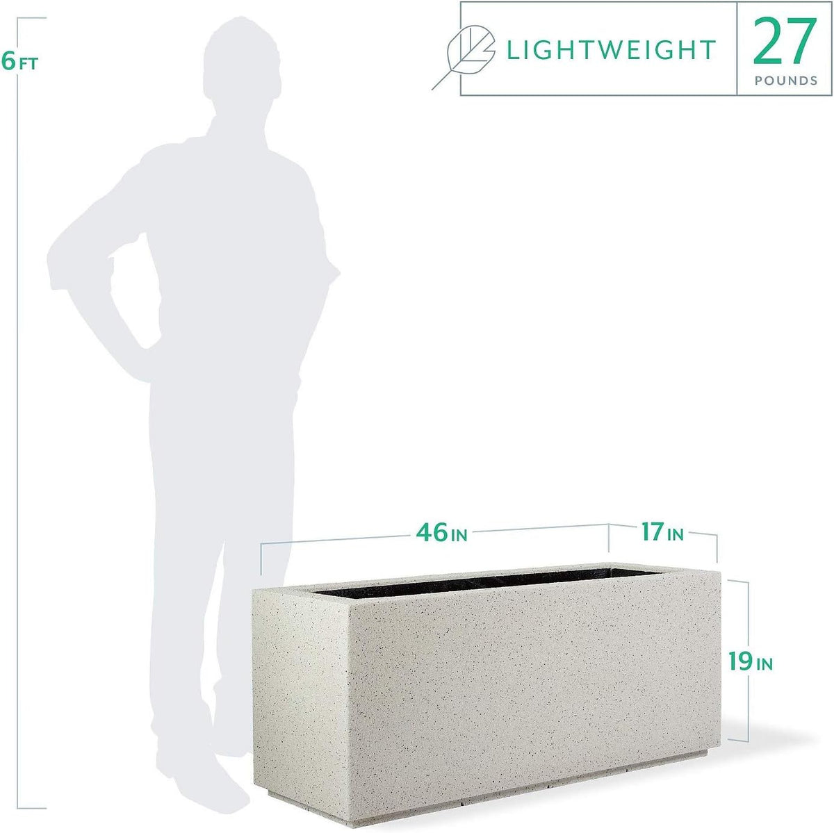 PolyStone Milan Tall Modern Outdoor/Indoor Rectangular Trough Planter, 46" W x 19" H, Lightweight, Heavy Duty, Weather Resistant, Polymer Finish, Commercial and Residential (White Granite)