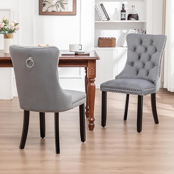 Velvet Dining Chairs Set of 2, Tufted Dining Room Chairs with Nailhead Ring Pull Trim, Upholstered Dining Chairs with Solid Wood Legs for Kitchen Dining Room, Sillas De Comedor (Grey)