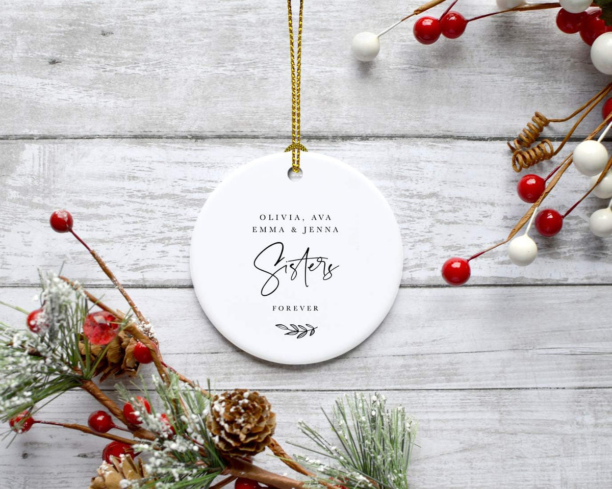 Andaz Press Personalized Best Friends Sorority Sisters Round Ceramic Porcelain Christmas Ornament Keepsake Collectible Gift, Olivia, Ava, Emma & Jenna, Sisters Forever 2024, Antique Handdrawn, 1-Pack
