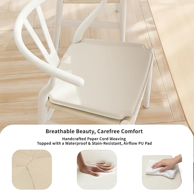 Tomile Wishbone Dining Chair with Arms, A Clean White PU Cushion Included on Handwoven Seat, Modern Mid-Century Y-Chair Crafted from White Ash Wood, Ideal for Dining Room Chairs Set (Ash Wood - White)