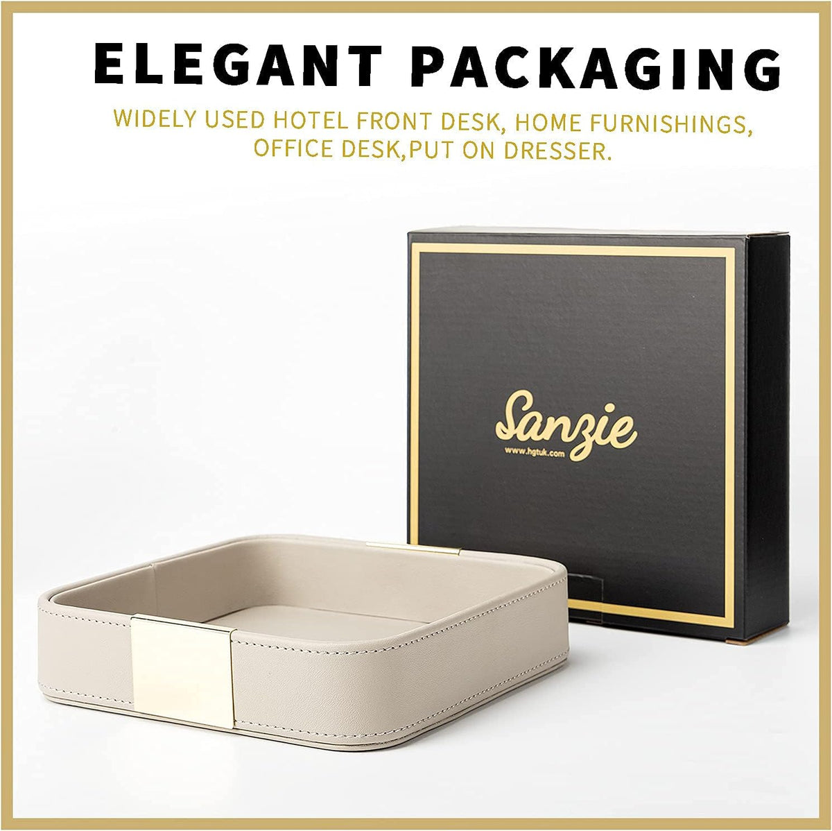 SANZIE Luxury Leather Desktop Storage Small Catchall Organizer Decorative Tray for Entryway Table to Hold Jewelry Watch Cosmetics Keys Phone Wallet, Home & Office Accessories (Metal Glided, Grey)