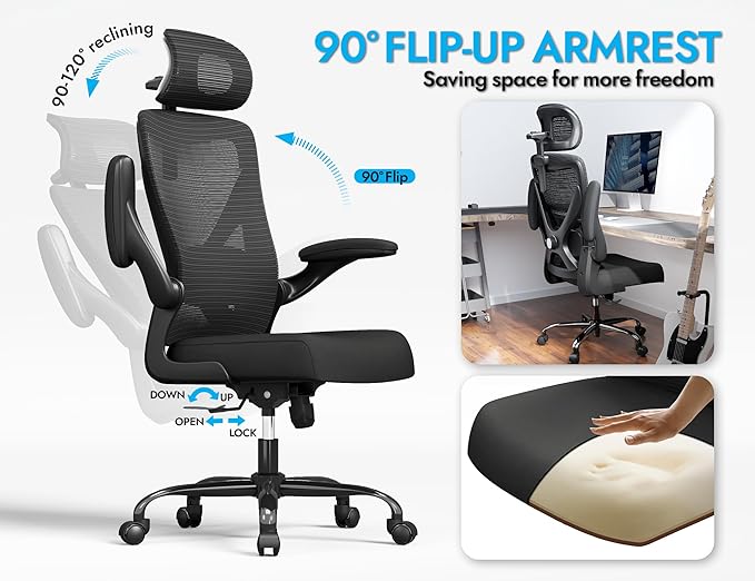 Ergonomic Office Chair - Mesh Desk Chair with Adjustable Lumbar Support High Back Computer Gaming Chairs - Big and Tall Office Chairs Adults, Comfortable for Long Hours, Black