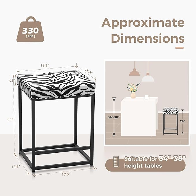 MAISON ARTS Bar Stools Set of 3 | Counter & Bar Height Kitchen Island Stools | Modern Black & White Zebra Stripes Metal Barstools | 24" Backless Farmhouse Bar Height Stools