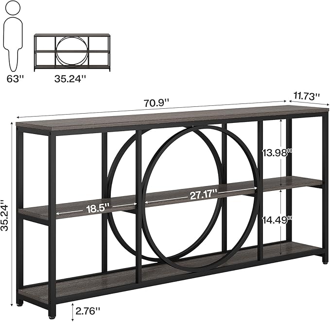 Tribesigns 70.9 inch Sofa Console Table, Extra Long Narrow Entryway Tables with 3 Tier Wood Storage Shelves Metal Frame for Foyer Hallway Living Room Behind Couch, Black Rustic Gray