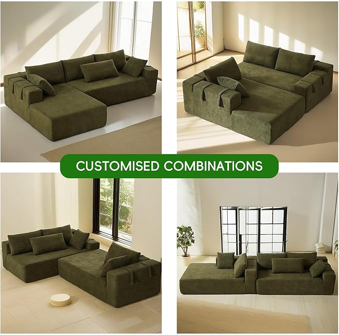 108" Modular Sectional Couch Sofa with L-Shape Chaise, Modern Cloud Comfy Sofa with Deep Seat, Upholstered Couches for Living Room Bedroom, No Assembly Required (Green Left Facing Chaise)