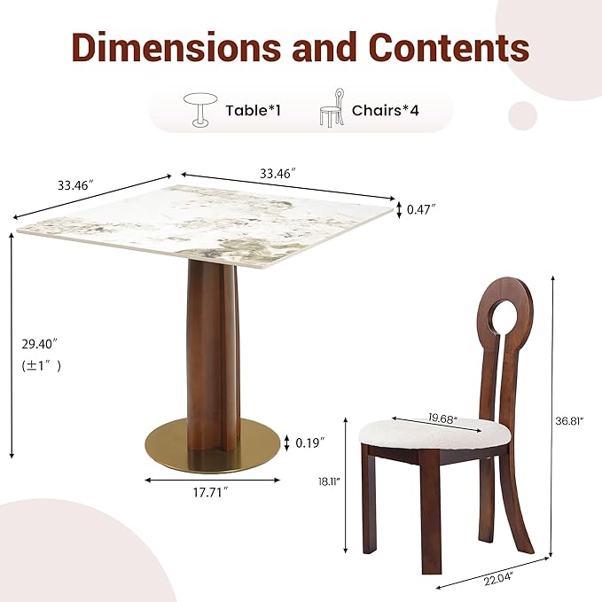 Sintered Stone Square Office Table and Chair Set - Meeting Table for Small Offices (Walnut‌ Leg and Pandora Top, 1 Table and 4 Chairs)