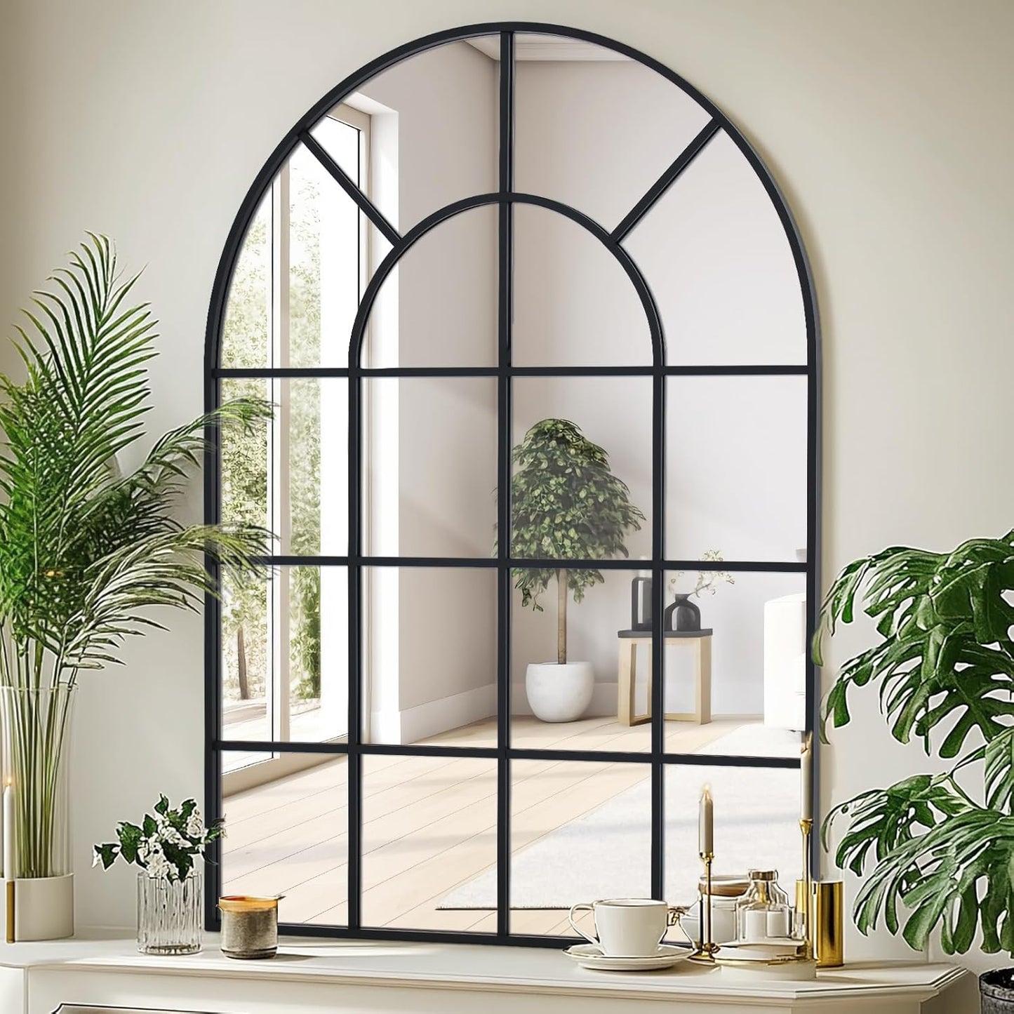 Arched Windowpane Wall Mirror 30"x40" Black Wall Mounted Art Pane Mirror Farmhouse Decorative Mirror Leaning Hanging Wall Mirror for Bedroom Living Room Entrance Hallway Wall Decor