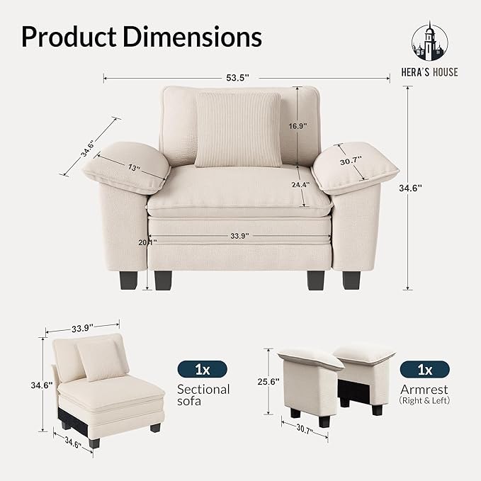 HERA'S HOUSE 54" Modular Sectional Sofa Couches for Living Room, Comfy Cloud Couch 1-Seater Deep Seat Sofa with Throw Pillow, Chenille Beige