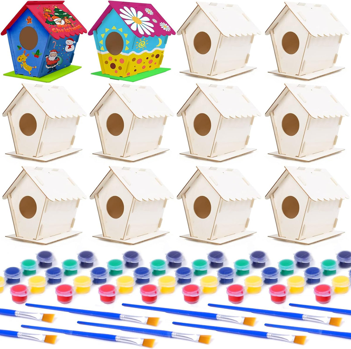 hapray 12 Pack Bird House Kit, DIY Birdhouse Kits, Wooden Crafts Arts for Children to Build and Paint (Includes Paints & Brushes) for Kids Girls Boys Toddlers Halloween Christmas Gift