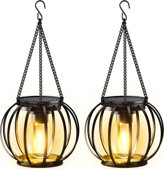 KOOPER Solar Lanterns Outdoor Waterproof, Upgraded Metal Hanging Solar Lights Outdoor Lanterns, Brighter Auto On/Off Outdoor Hanging Lantern for Yard Patio Pathway Porch Garden Decor 2 Pack