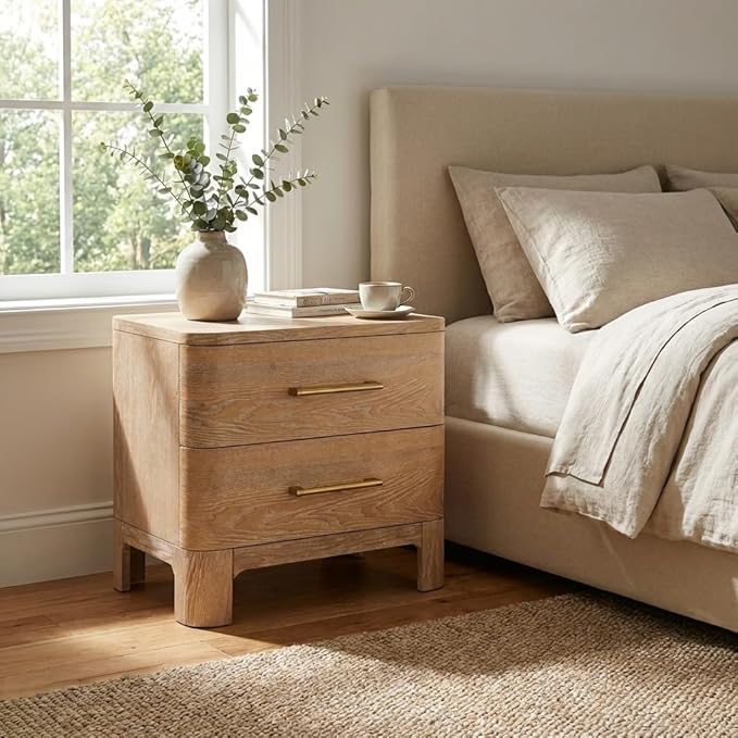 Christopher Knight Home Egbert Modern Nightstand with Drawers, Wooden Small Night Stand with Rounded Corners Design, Bedside Table/End Table for Bedroom, Multipurpose Storage Cabinet, Natural