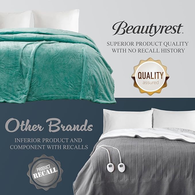 Beautyrest Heated Electric Blanket for Cold Weather, Fast Heating Heated Blanket, Auto Shut Off, Virtually Zero EMF, Multi Heat Setting, UL Certified, Aqua Queen (90 inx84 in)