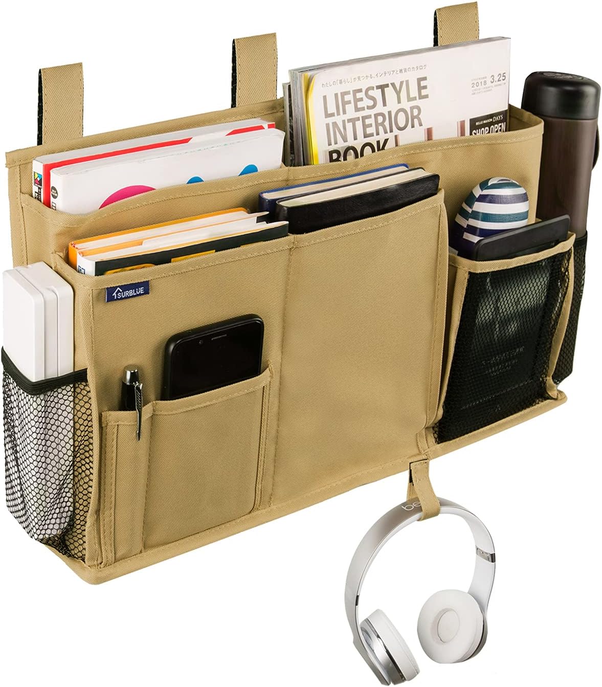 Surblue Bedside Caddy Hanging Bed Organizer Storage Bag Pocket for Bunk and Hospital Beds, College Dorm Rooms Baby Bed Rails,Camp 8 Pockets (Khaki)