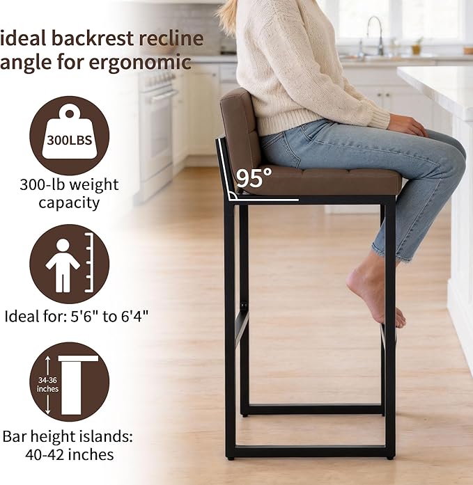Set of 2 Barstools, Counter Height Bar Stools with Back, Faux Leather, Thickened Metal Legs, 30-inch Island Chairs for Kitchen Island, Bar, Counter (Coffee Brown, 2Pcs 30" Bar Stools)