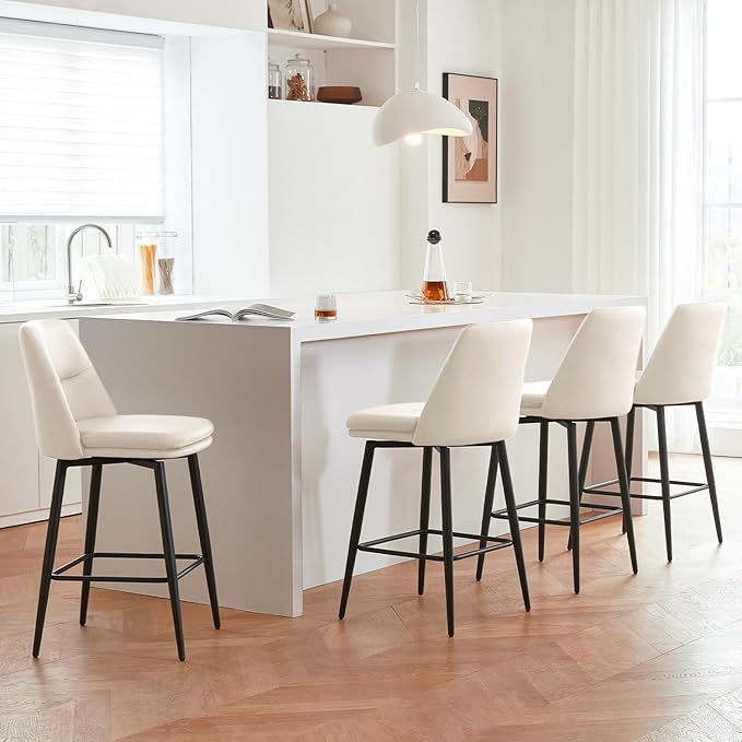 Beige Counter Height Bar Stools Set of 2, 26 Inch Seat Height with Back and Metal Legs, 360° Swivel Upholstered Faux Leather Swivel Bar Stools