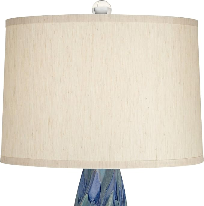Possini Euro Design Teresa Modern Coastal Table Lamp 31" Tall Teal Blue Drip Ceramic Beige Fabric Drum Shade Decor for Bedroom Living Room House Bedside Nightstand Home Office Entryway Family