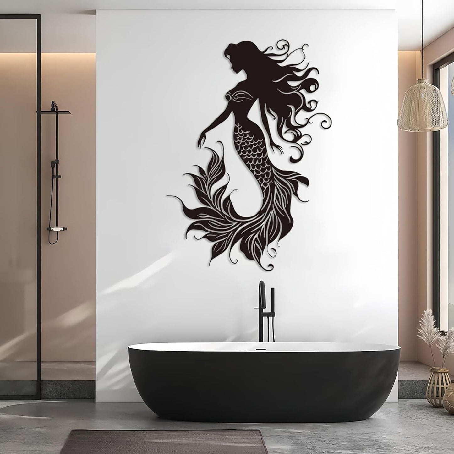 Veplsur Mermaid Metal Wall Art, Metal Mermaid Wall Decor, Marine Biology Wall Decor, Ocean Wall Art, Nautical Wall Hanging, Beach Hanging for Bathroom Bedroom (Black, 24"x17"|60x43cm)