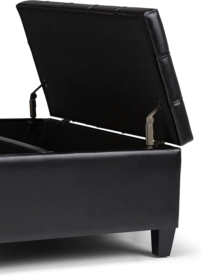 SIMPLIHOME Harrison 36 inch Wide Transitional Square Coffee Table Storage Ottoman in Midnight Black Vegan Faux Leather, Assembled, For the Living Room and Bedroom