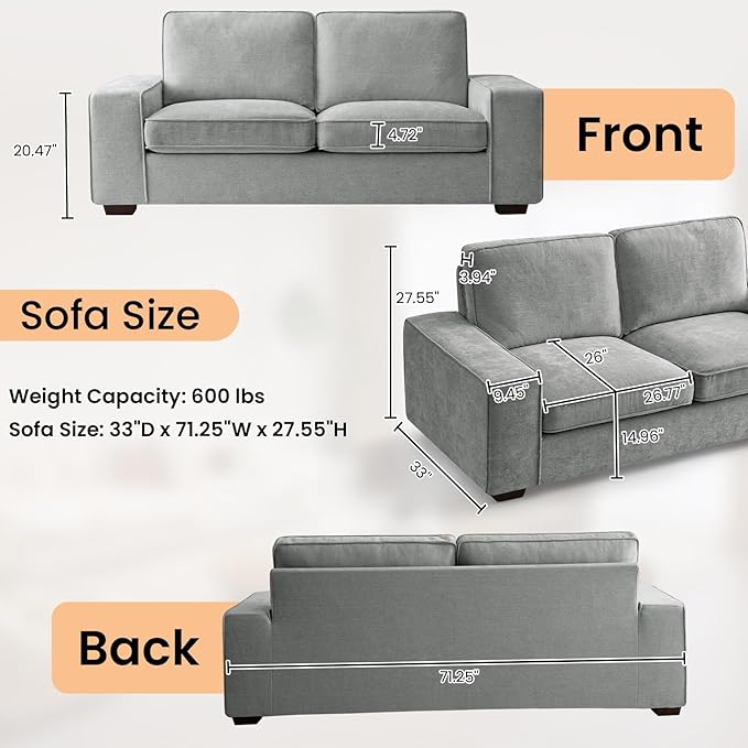 RISAR 71.25" Modern Loveseat Sofa for Living Room, Chenille Couch with Removable Cover & Spring Cushions, Solid Wood Frame, Easy Assembly for Small Spaces (Light Gray)