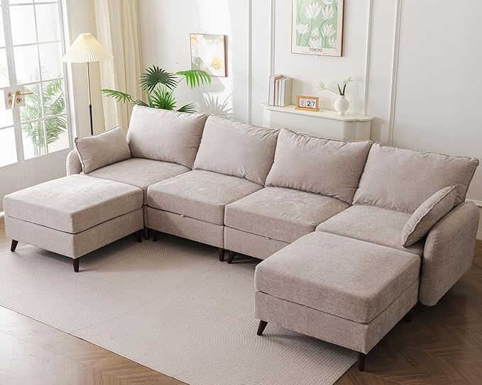 135'' Modular Sectional Sofa with All Seats Storage, Oversized U Shaped Couch for Living Room,4-Seater Comfy Cloud Couch with Movable Ottoman,Big Sectional for Bedroom,Velet,Khaki