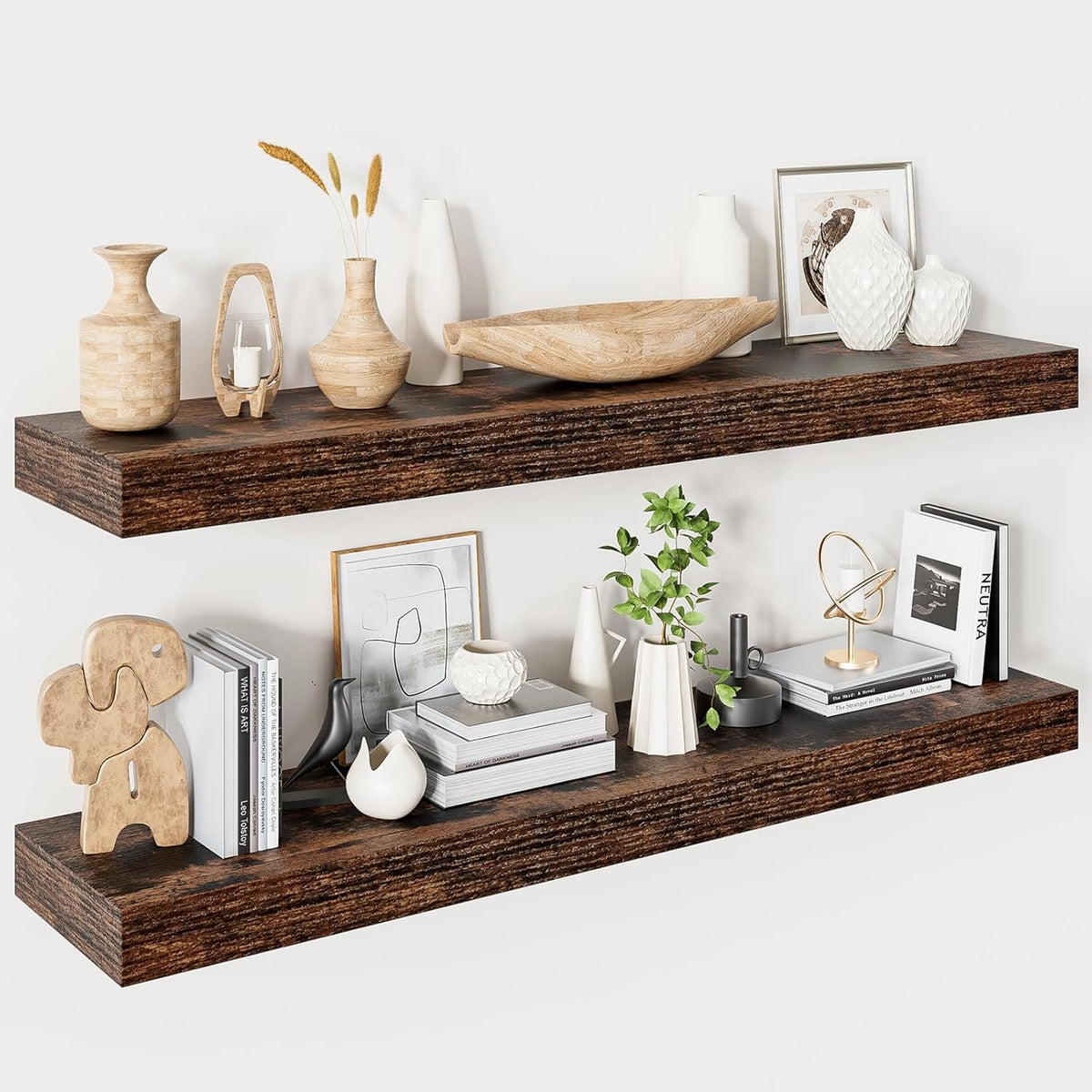 Heimlove 40 Inches Floating Shelves for Wall,9.3" Deep Rustic Brown Long Floating Shelves Set of 2,Large Display Shelf & Storage Shelf,Wall Shelf for Bathroom Bedroom Living Room Kitchen Office