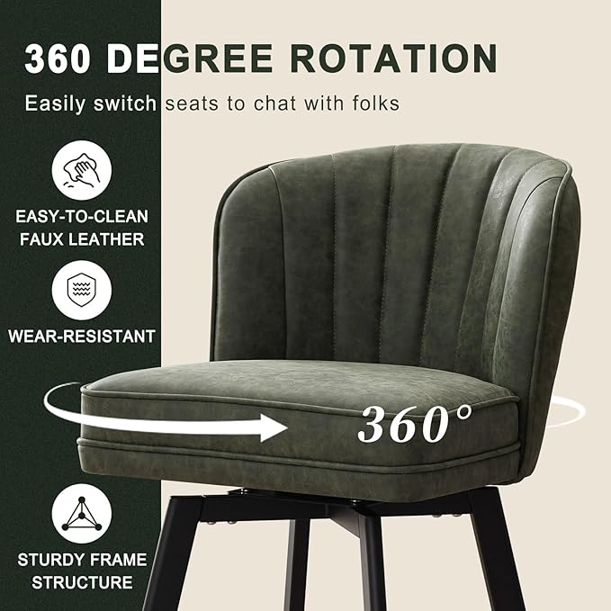 Swivel Counter Height Bar Stools Set of 4, 30'' Modern Barstools with Backs and Metal Legs, Upholstered Bar Chairs, Faux Leather Green Stools for Kitchen Island Chairs