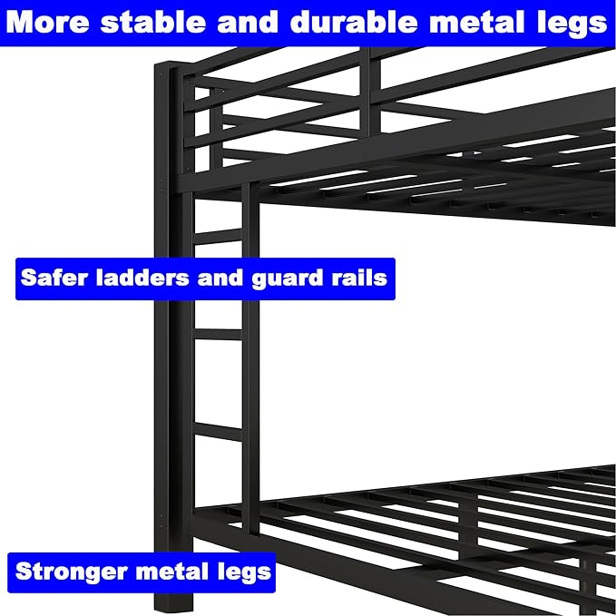 Upgraded Version Thicken Stronger Metal Heavy-Duty Queen Over Queen Bunk Bed, Bunkbed Frame for Adults with Ladders, Easy Assemble