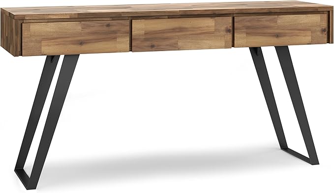 SIMPLIHOME Lowry SOLID ACACIA WOOD and Metal 60 Inch Wide Modern Industrial Console Sofa Table in Distressed Golden Wheat, For the Living Room, Entryway and Bedroom
