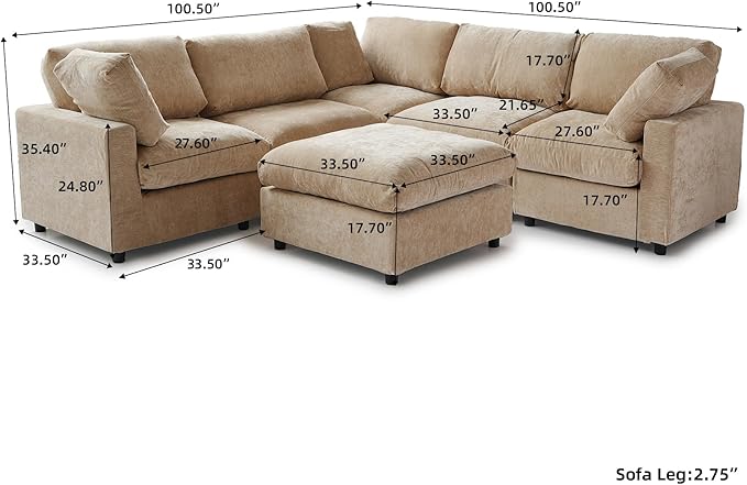 WJShome Modern V Shaped Sectional Couches for Living Room,100 Inch 5-Seater Chenille Deep Seat Modular Sofa with Ottoman, Cloud Couch for Bedroom and Apartment，Khaki