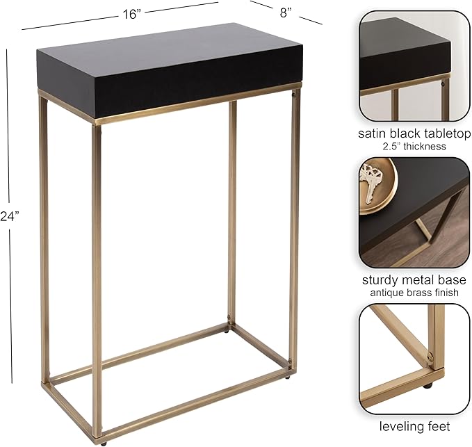 Kate and Laurel Karlsen Modern Wood and Metal Narrow Side Table, 16 x 8 x 24, Black and Antique Brass, Minimal Slim End Table for Use as Bedroom Nightstand or Accent Entryway or Living Room Decor