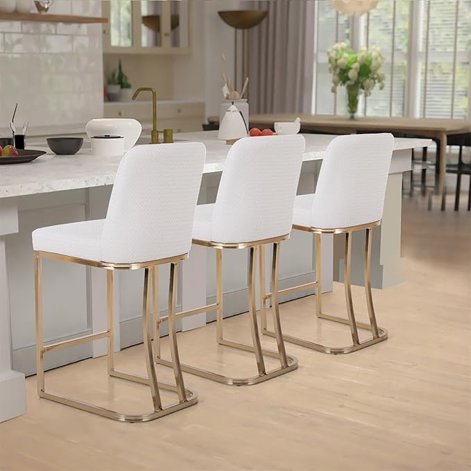 Sophia & William Creamy White & Gold Counter Height 2 Bar Stools Set - Farmhouse Style with Back, Modern Faux Leather Upholstered