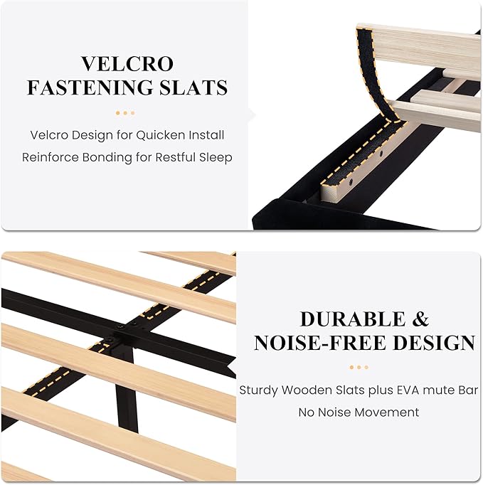 SHA CERLIN Full Platform Bed Frame with Velvet Upholstered Headboard, Mattress Foundation with Strong Wooden Slats Support, No Box Spring Needed, Black