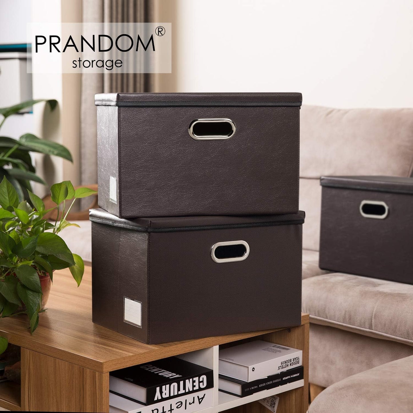 PRANDOM Large Collapsible Storage Bin with Lid [1-Pack] Leather Fabric Foldable Storage Box Organizer Containes Basket Cube with Cover for Home Bedroom Closet Office Nursery Brown (17.7x11.8x11.8)