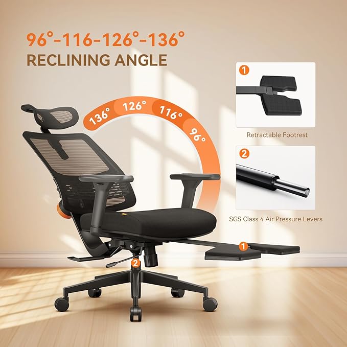 Newtral Office Chair Ergonomic with Footrest, Auto-Following Lumbar Support, High Back Desk Chair with 4D Armrest,136° Tilt Lock, Adjustable Seat Depth & Height (Upgrade with Laptop Tray, Black)