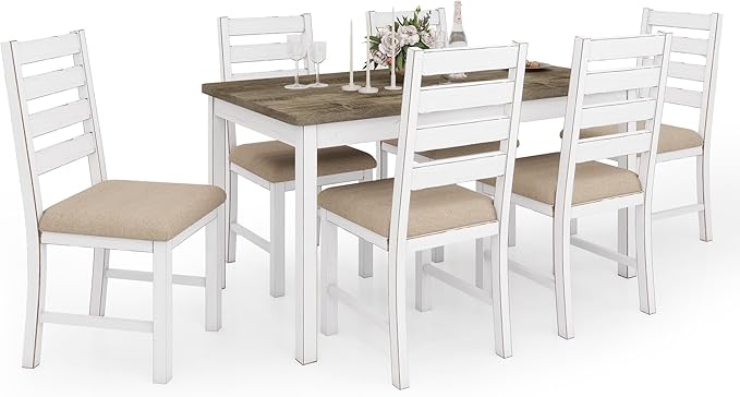 Farmhouse Dining Table Set for 6 Person, 59" Kitchen Table Set with 6 Upholstered Chairs, White Rectangular Dinner Room Table & Chairs Set Rustic Wood Stable (6 Chairs)