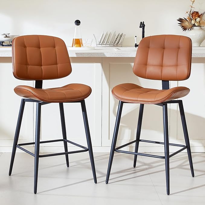 Mid Century Modern Bar Stools Set of 2 for Kitchen Island,Upholstered Brown Faux Leather Counter Height stools,26 Inch Counter stools with Walnut Grain Back