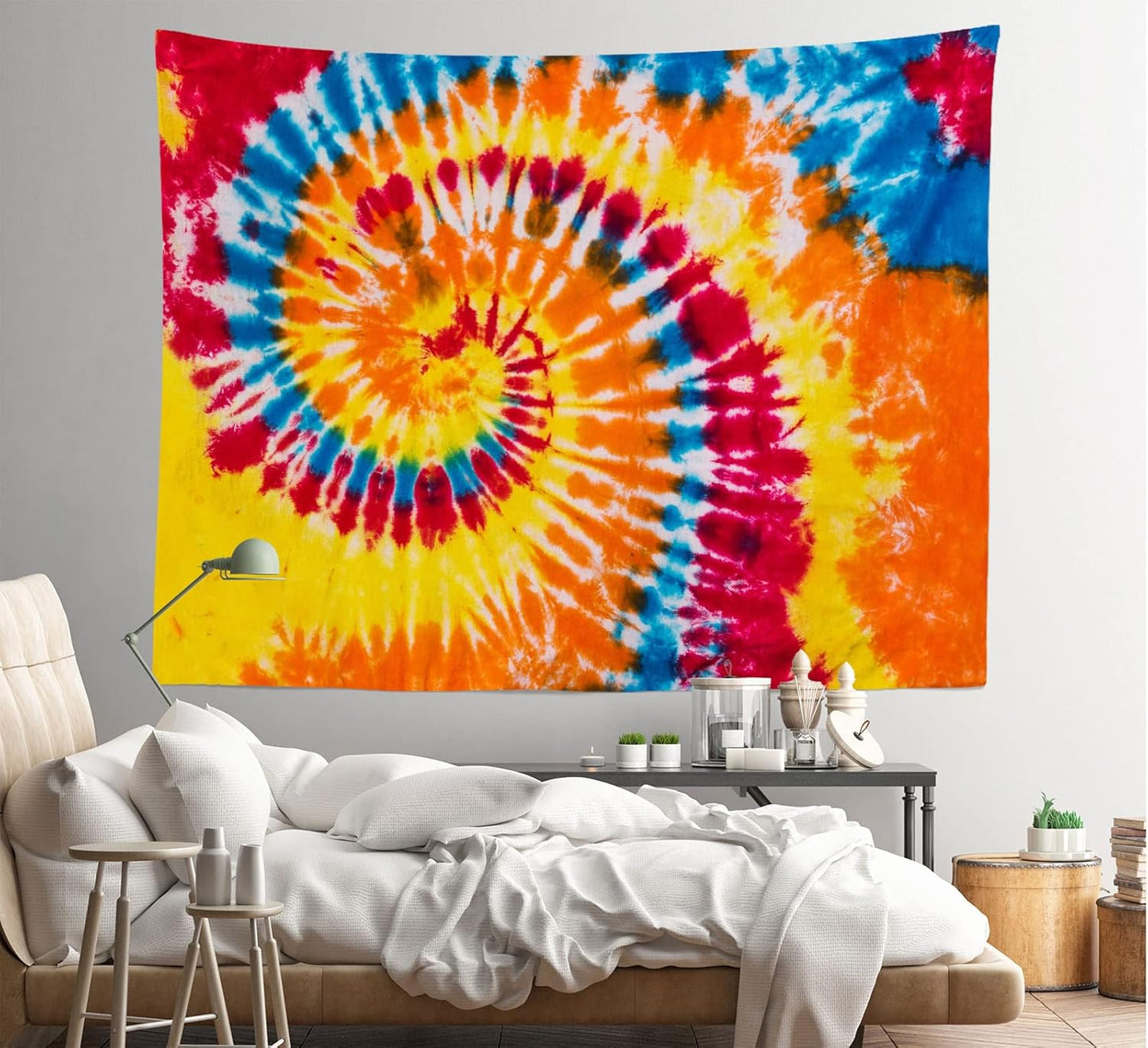Loccor 8x6ft Tie Dye Tapestry Red Yellow Orange Blue Swirl Vortex Psychedelic Abstract Tapestry Bedroom Living Room College Hippie Bohemian Wall Hanging （Pattern Painted on Polyester Fabric）