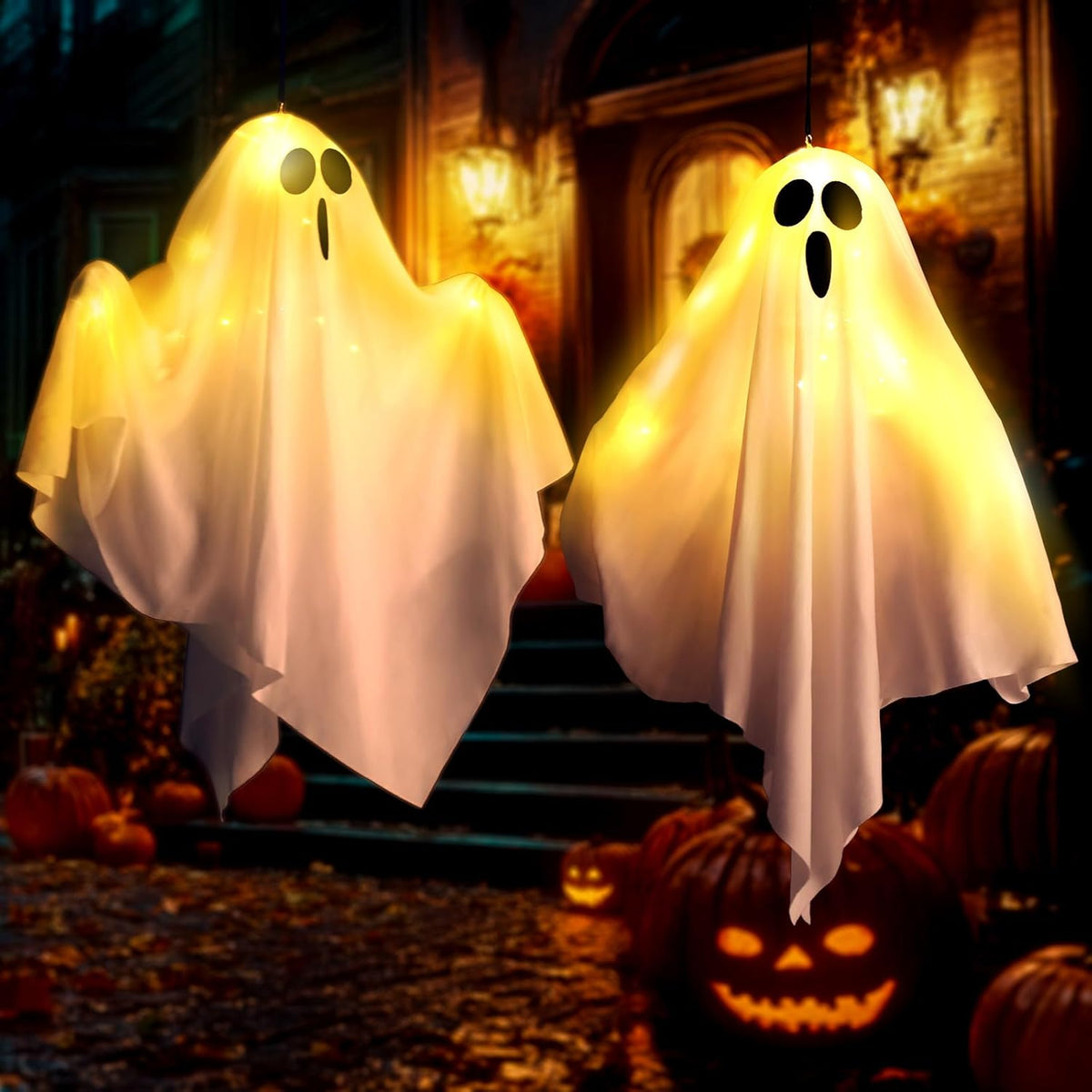 2Packs Hanging Ghosts Halloween Decor, LED Light Up Halloween Ghost Decorations, Spooky Cute Ghost Ornaments for Home Tree Garden Front Porch Yard Fall Party Holiday Decoration Outdoor 19.6", White