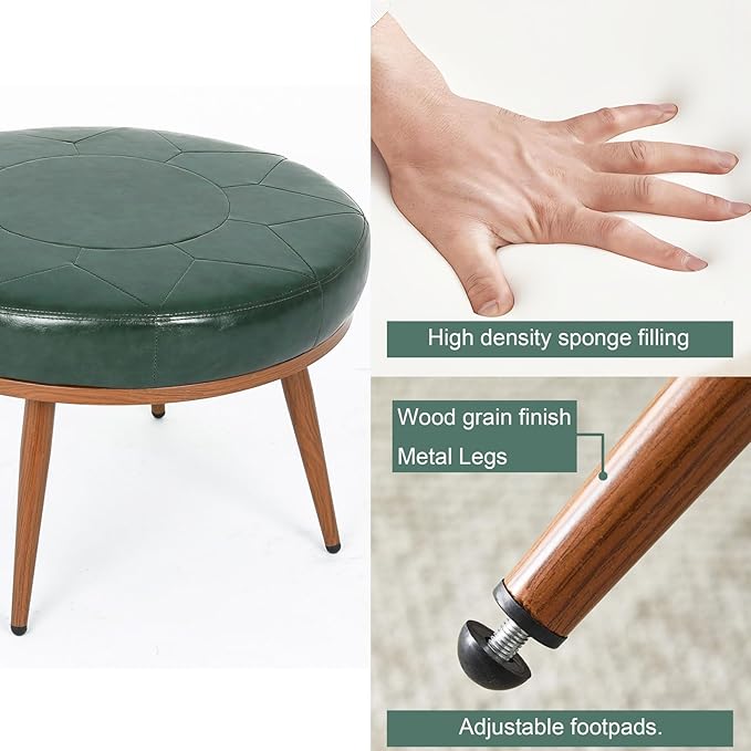 Round Ottoman Coffee Table, 24-Inch Faux Leather Cushioned Footstool with Solid Wood Bookshelf & Frame, Multifunctional Storage Ottoman for Living Room, Bedroom (Green)