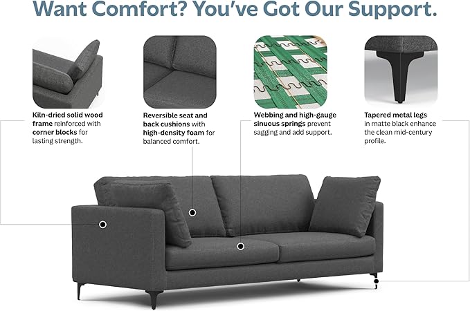 SIMPLIHOME Ava Sofa in 100% Recycled Polyester Tightly Woven Performance Fabric, Pebble Grey, 90-inches Wide, Handcrafted Mid-Century Modern Style Sofa for Living Room or Couch for Family Room