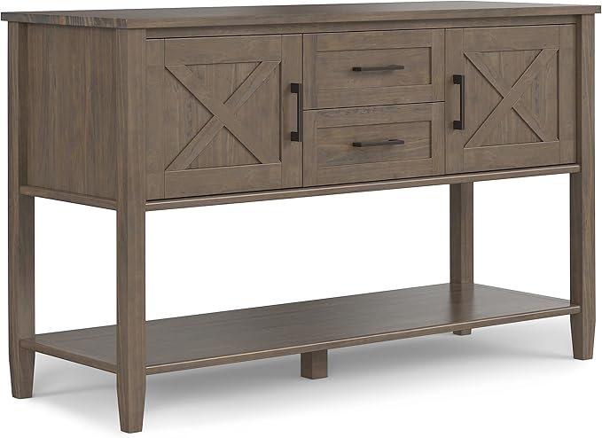 SIMPLIHOME Ela Console Table - 48 Inch Wide Solid Wood Sofa Table in Smoky Brown, Transitional Storage for Entryway or Living Room with 2 Drawers, 2 Cabinets, Open Shelf, and X-Panel Doors
