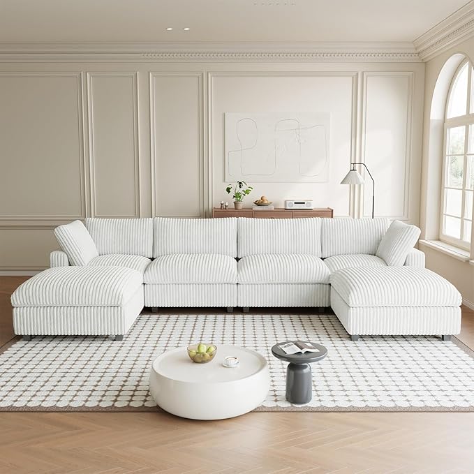 Modular Sectional Sofa, Convertible U Shaped Sofa with Chaise Ottoman, Deep Seat Cloud Sectional Couch, 6 Seat Comfy Modular Couch for Living Room, Office, Apartment, Beige