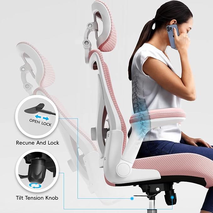 Office Home Ergonomic Desk Chair-Computer X-Shaped Chair Mesh PU Leather with Adjustable Lumbar Support-Executive Chair High Back with Headrest Flip-Up Arms for Long Hours (Dark Pink)