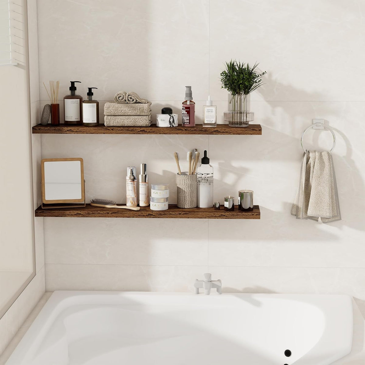 Floating Shelves for Wall, 40 Inch Floating Shelves for Home Decor, Wall Mounted Rustic Wood Shelves, Bathroom, Hanging Deep Shelf for Bedroom, Living Room, Kitchen (Rustic Brown, Set of 2)
