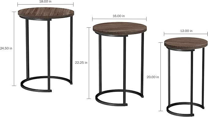 Lavish Home 6-Piece Nesting Tables – Set of 6 Round Side Tables with Woodgrain-Look Tops and Black Metal Frames – Modern Accent & End Table Set for Living Room, Bedroom, or Home Office (Gray/Brown)